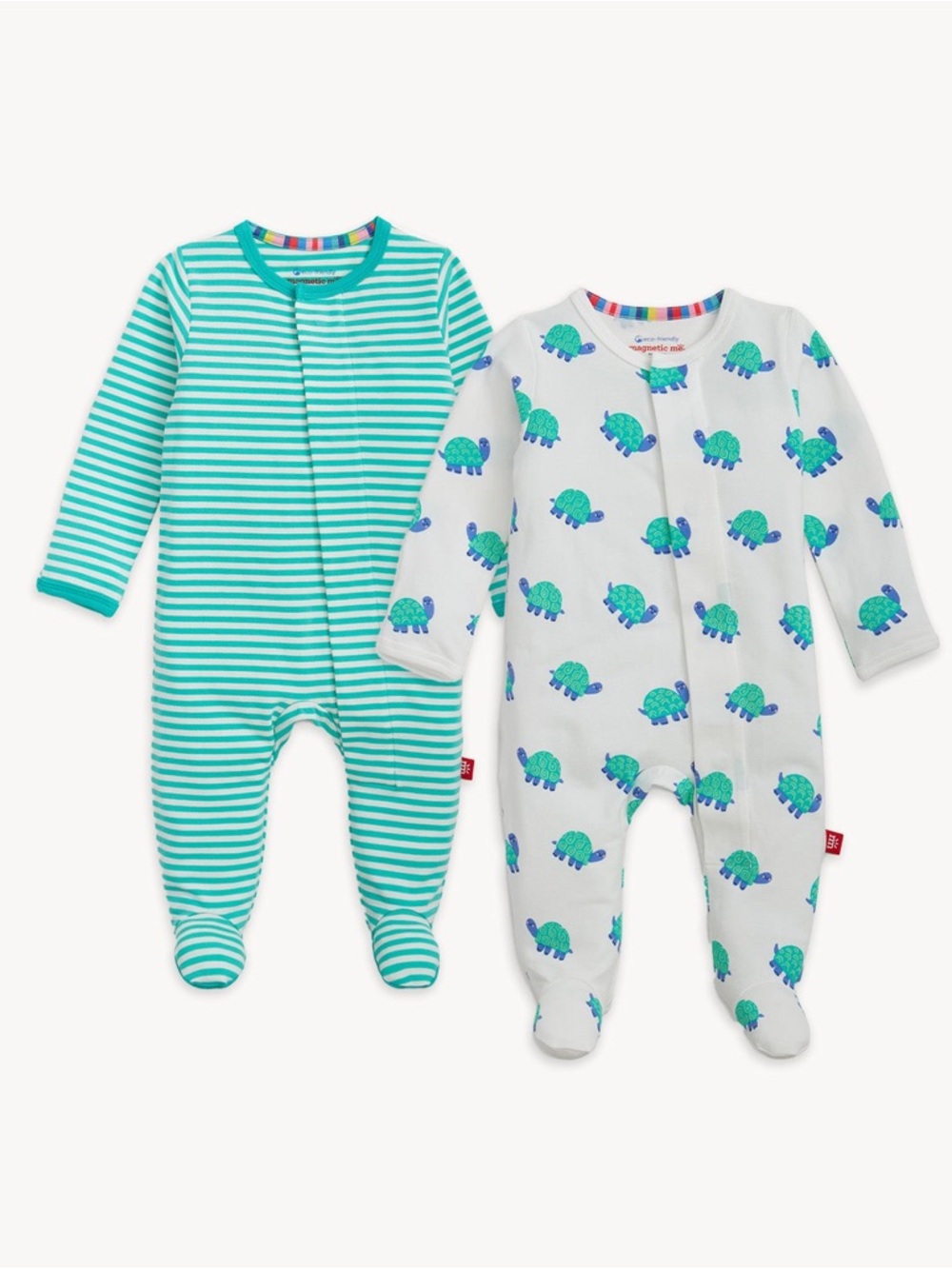 Magnetic Me Baby Footie Set - Teal Stripes & White Turtle Print